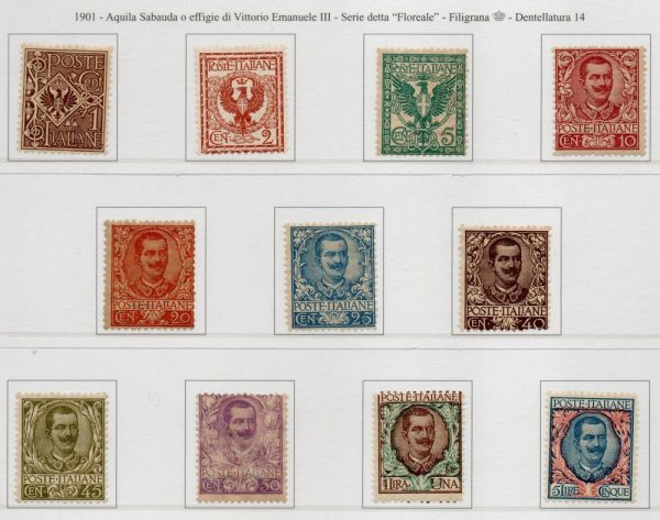 1901 - RE VITTORIO EMANUELE III “ FLOREALE ”Sassone n. 68/78. Stampa tipografica in fogli da 100 esemplari (x4) .Filigrana corona dentellatura 14.Linguellati.Certificati fotografici Diena/Biondi