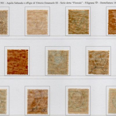 1901 - RE VITTORIO EMANUELE III “ FLOREALE ”Sassone n. 68/78. Stampa tipografica in fogli da 100 esemplari (x4) .Filigrana corona dentellatura 14.Linguellati.Certificati fotografici Diena/Biondi