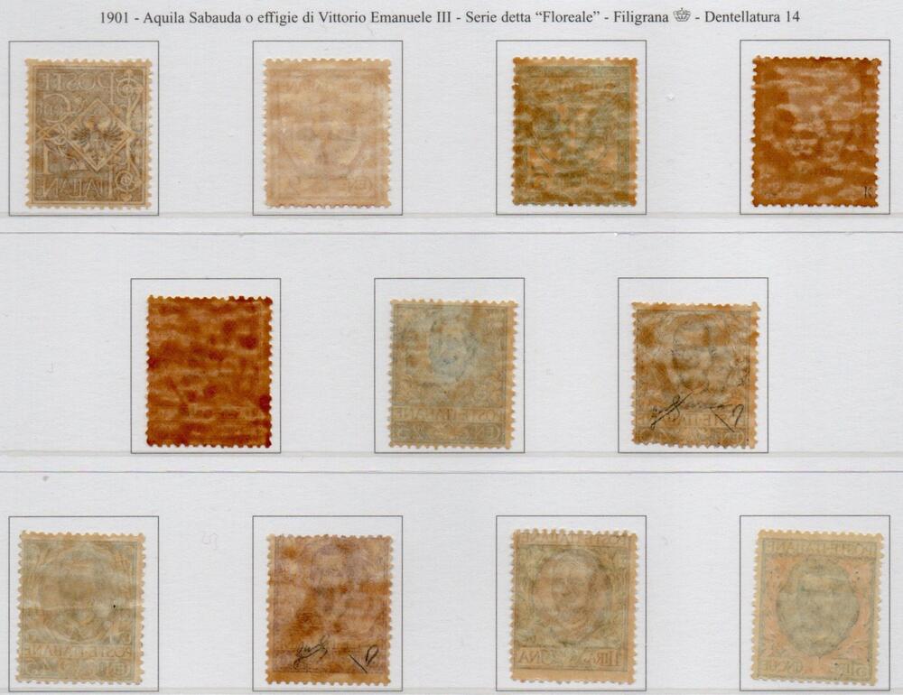 1901 - RE VITTORIO EMANUELE III “ FLOREALE ”Sassone n. 68/78. Stampa tipografica in fogli da 100 esemplari (x4) .Filigrana corona dentellatura 14.Linguellati.Certificati fotografici Diena/Biondi