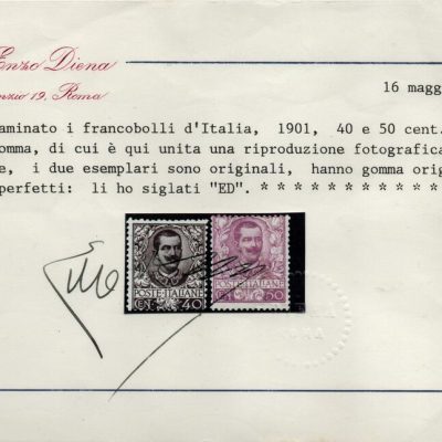 1901 - RE VITTORIO EMANUELE III “ FLOREALE ”Sassone n. 68/78. Stampa tipografica in fogli da 100 esemplari (x4) .Filigrana corona dentellatura 14.Linguellati.Certificati fotografici Diena/Biondi