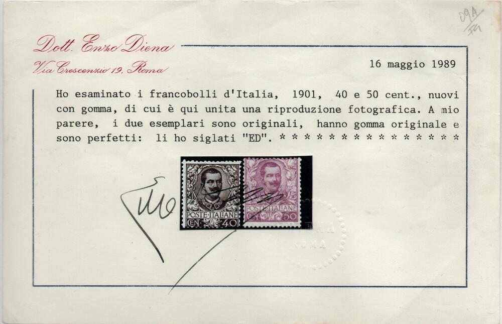 1901 - RE VITTORIO EMANUELE III “ FLOREALE ”Sassone n. 68/78. Stampa tipografica in fogli da 100 esemplari (x4) .Filigrana corona dentellatura 14.Linguellati.Certificati fotografici Diena/Biondi
