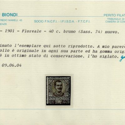 1901 - RE VITTORIO EMANUELE III “ FLOREALE ”Sassone n. 68/78. Stampa tipografica in fogli da 100 esemplari (x4) .Filigrana corona dentellatura 14.Linguellati.Certificati fotografici Diena/Biondi