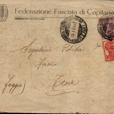 1924/1925 Francobolli Pubblicitari - Re Vittorio Emanuele III (1900/1944) Lettera Federazione Fascista di Capitanata indirizzata al Segretario Politico Fascio da Troia ( Foggia) per città. Affrancata con il 50 cent violetto e rosso SINGER. Firmata Dr Mario Merone.