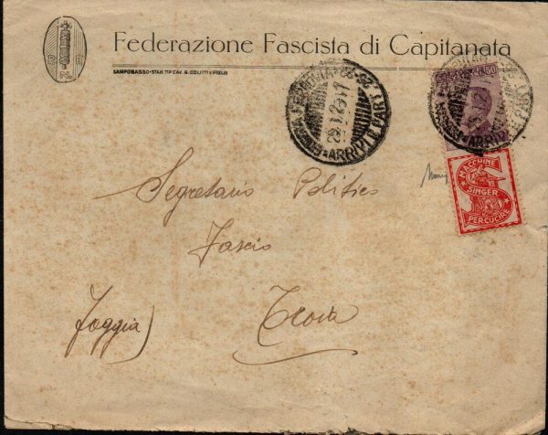 1924/1925 Francobolli Pubblicitari - Re Vittorio Emanuele III (1900/1944) Lettera Federazione Fascista di Capitanata indirizzata al Segretario Politico Fascio da Troia ( Foggia) per città. Affrancata con il 50 cent violetto e rosso SINGER. Firmata Dr Mario Merone.