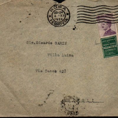 Francobolli Pubblicitari - 1924/1925 Re Vittorio Emanuele III (1900/1944) Lettera da Napoli  per città. Affrancata con il 50 cent violetto e verde TAGLIACOZZO . Firmata Dr Mario Merone.