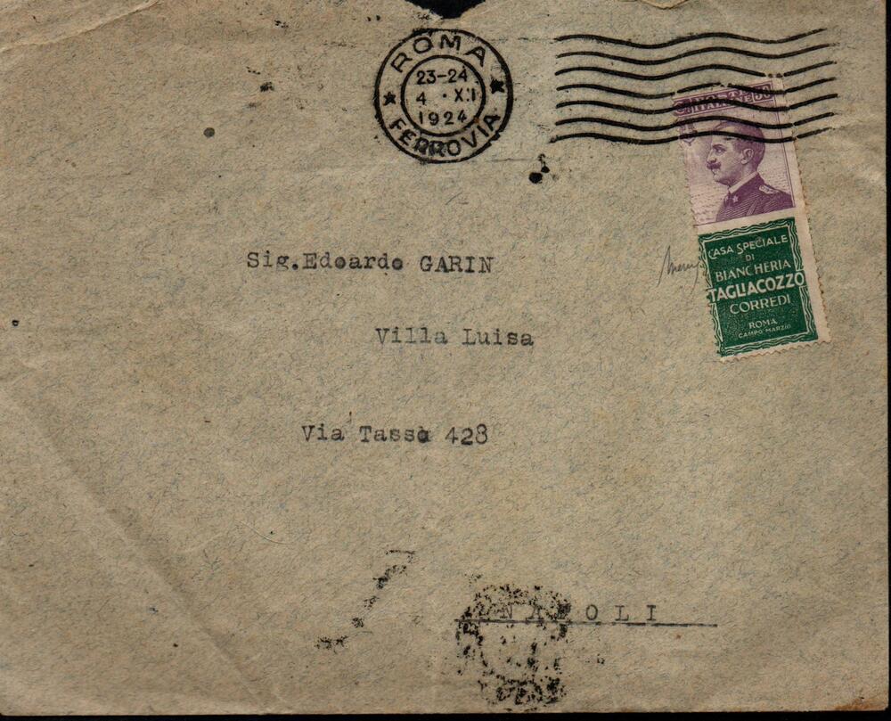 Francobolli Pubblicitari - 1924/1925 Re Vittorio Emanuele III (1900/1944) Lettera da Napoli  per città. Affrancata con il 50 cent violetto e verde TAGLIACOZZO . Firmata Dr Mario Merone.