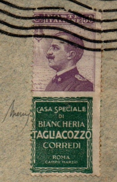 Francobolli Pubblicitari - 1924/1925 Re Vittorio Emanuele III (1900/1944) Lettera da Napoli  per città. Affrancata con il 50 cent violetto e verde TAGLIACOZZO . Firmata Dr Mario Merone.