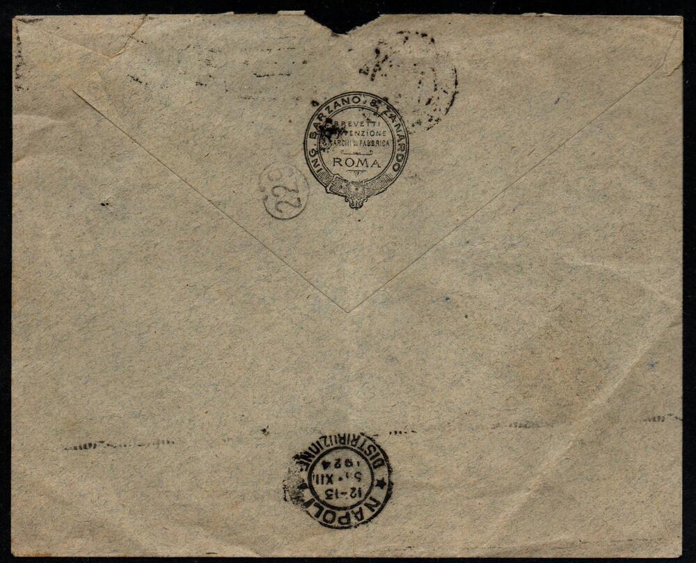 Francobolli Pubblicitari - 1924/1925 Re Vittorio Emanuele III (1900/1944) Lettera da Napoli  per città. Affrancata con il 50 cent violetto e verde TAGLIACOZZO . Firmata Dr Mario Merone.
