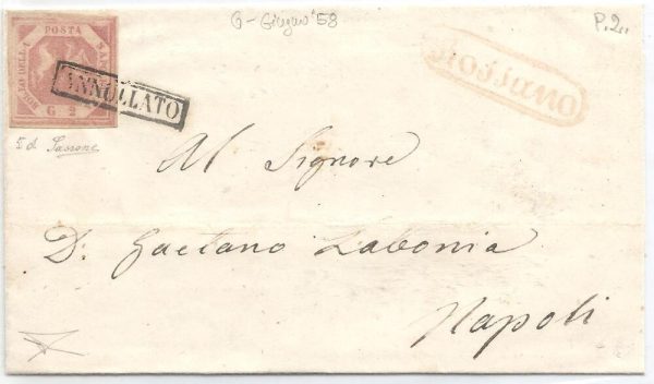 Napoli 1858 2 grana 5 d firma Sassone da Rossano per Napoli