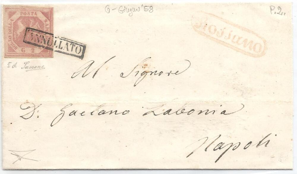 Napoli 1858 2 grana 5 d firma Sassone da Rossano per Napoli
