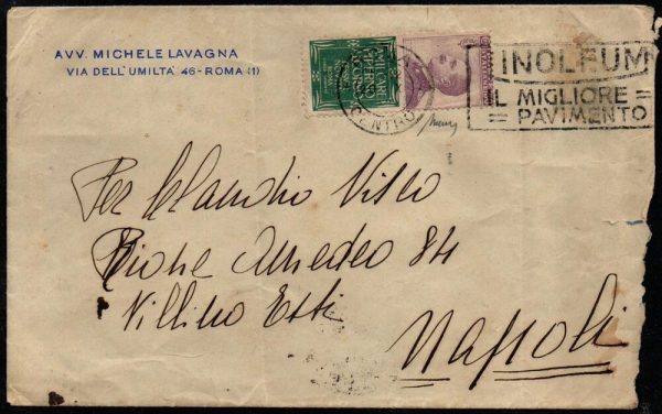 Francobolli Pubblicitari - 1924/1925 Re Vittorio Emanuele III (1900/1944) Lettera  spedita da Roma a Napoli. Affrancata con il 50 cent violetto e verde PIPERNO . Firmata Dr Mario Merone.