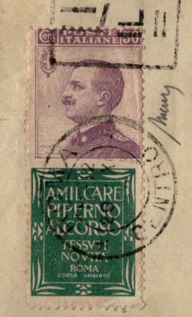 Francobolli Pubblicitari - 1924/1925 Re Vittorio Emanuele III (1900/1944) Lettera  spedita da Roma a Napoli. Affrancata con il 50 cent violetto e verde PIPERNO . Firmata Dr Mario Merone.
