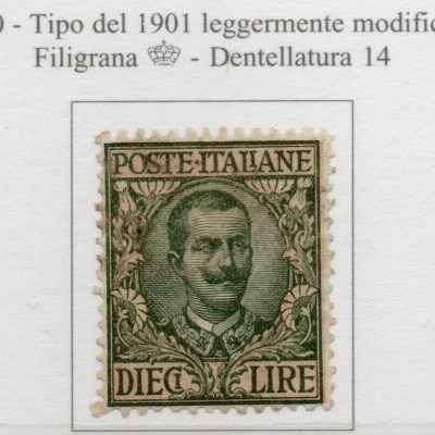 Regno 1910 - Tipo "FLOREALE" ,leggermente modificato. 10 lire oliva rosa . Catalogo sassone n. 91 integro.