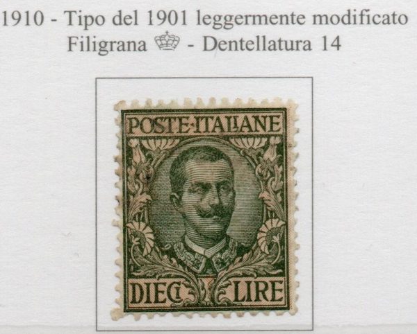 Regno 1910 - Tipo "FLOREALE" ,leggermente modificato. 10 lire oliva rosa . Catalogo sassone n. 91 integro.