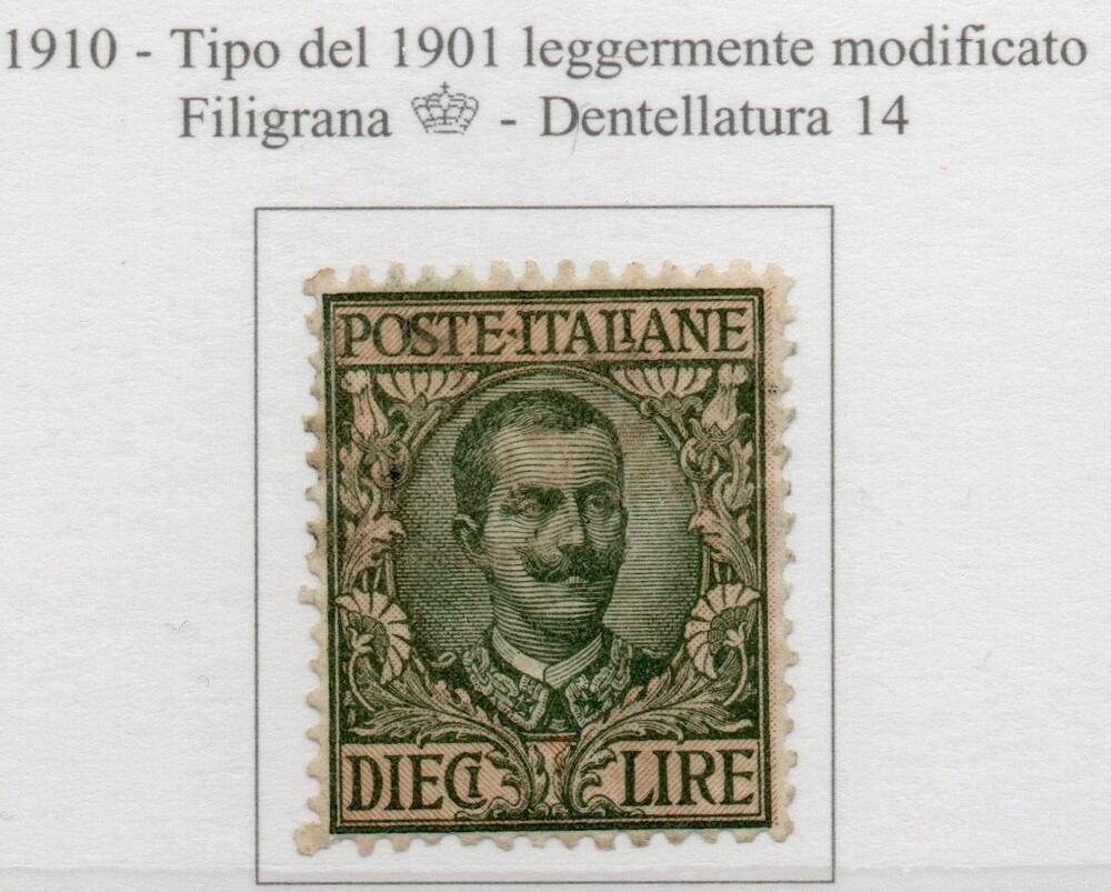 Regno 1910 - Tipo "FLOREALE" ,leggermente modificato. 10 lire oliva rosa . Catalogo sassone n. 91 integro.
