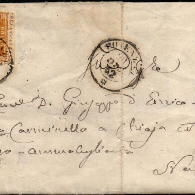 Regno di Italia Vittorio Emanuele II 1862 . Busta con testo da Potenza per Napoli affrancato con il n 1. " 10 cent Bistro " annullo al verso di distribuzione. Firmata Mario Merone.