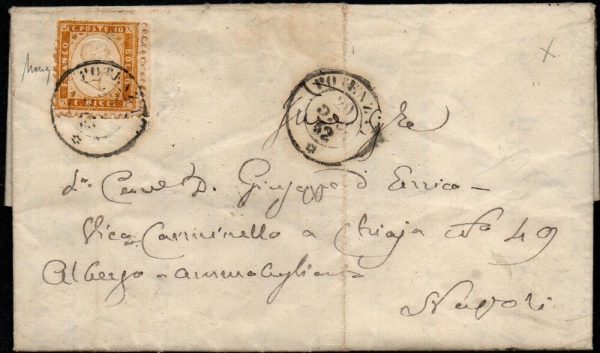 Regno di Italia Vittorio Emanuele II 1862 . Busta con testo da Potenza per Napoli affrancato con il n 1. " 10 cent Bistro " annullo al verso di distribuzione. Firmata Mario Merone.