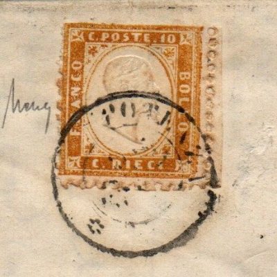 Regno di Italia Vittorio Emanuele II 1862 . Busta con testo da Potenza per Napoli affrancato con il n 1. " 10 cent Bistro " annullo al verso di distribuzione. Firmata Mario Merone.