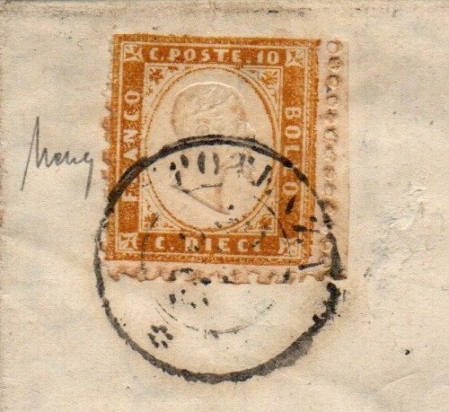 Regno di Italia Vittorio Emanuele II 1862 . Busta con testo da Potenza per Napoli affrancato con il n 1. " 10 cent Bistro " annullo al verso di distribuzione. Firmata Mario Merone.