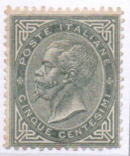 Regno 1863/65 "Cifra o effigie di V. Emanuele II" . 5 cent grigio verde. De La Rue. Cat n. L 16A INTEGRO. Certificato Bruno Savarese Oliva.