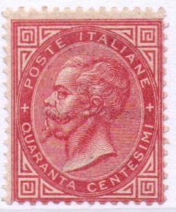 Regno 1863/65 "Cifra o effigie di V. Emanuele II". 40 cent rosa carminio De La Rue.Cat n. L 20 INTEGRO Certificato,Bruno Savarese Oliva