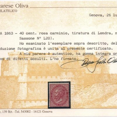 Regno 1863/65 "Cifra o effigie di V. Emanuele II". 40 cent rosa carminio De La Rue.Cat n. L 20 INTEGRO Certificato,Bruno Savarese Oliva