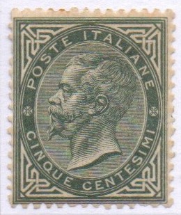 Regno 1863/66 "Cifra o effigie di V. Emanuele II". 5 verde grigio Tir TORINO .Cat n. T16 linguellato . Certificato fotografico Raybaudi e Oliva.