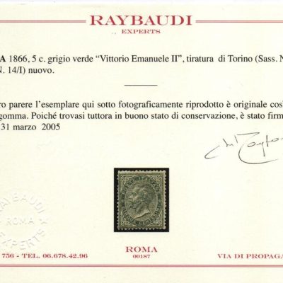Regno 1863/66 "Cifra o effigie di V. Emanuele II". 5 verde grigio Tir TORINO .Cat n. T16 linguellato . Certificato fotografico Raybaudi e Oliva.