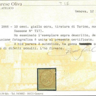 Regno 1863/66 "Cifra o effigie di V. Emanuele II". 10 giallo ocra Tir TORINO .Cat n. T17 linguellato .Firmato Diena o Oliva.Certificato Oliva.