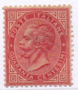 Regno 1863/66 "Cifra o effigie di V. Emanuele II". 40 cent rosso carminio TORINO .Cat n. T 20 linguellato .Firmato Diena e Bolaffi.Certificato fotografico Diena.