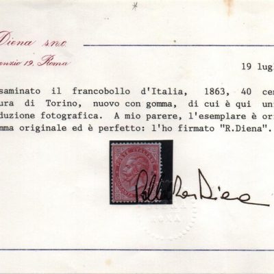 Regno 1863/66 "Cifra o effigie di V. Emanuele II". 40 cent rosso carminio TORINO .Cat n. T 20 linguellato .Firmato Diena e Bolaffi.Certificato fotografico Diena.