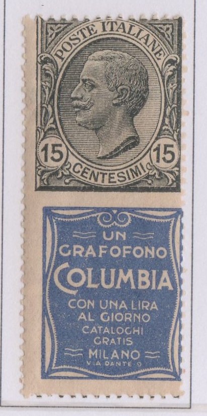 Regno 1924/25 - PUBBLICITARI - 15 cent GRAFOFONO COLUMBIA, catalogo n.2, linguellato.