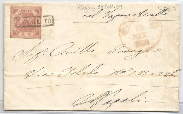 Napoli 1858 2 grana III tavola su busta con testo da Reggio per Napoli via di mare