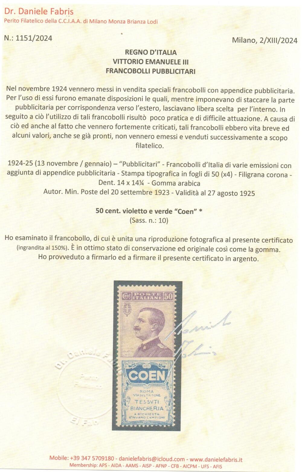 Regno PUBBLICITARI - Catalogo Sassone n.10 linguellato - 50 cent COEN. Certificato D. Fabris