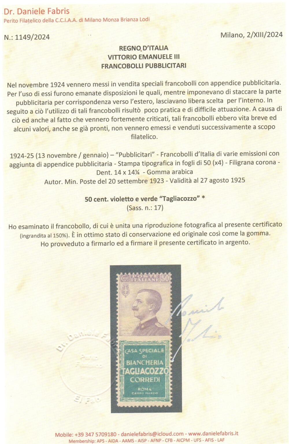 Regno 1924/25 - PUBBLICITARI - Catalogo Sassone n.17 linguellato - 50 cent TAGLIACOZZO Certificato D.Fabris
