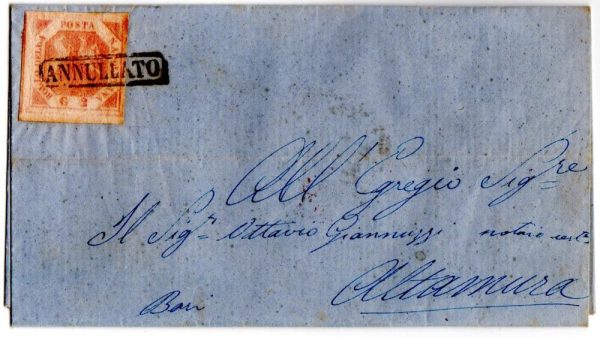 Napoli 1858 2 grana III tavola su busta con testo da  da Napoli per Altamura
