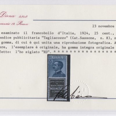 Regno 1924/25 - PUBBLICITARI - 25 cent TAGLIACOZZO, catalogo n.8, gomma integra. Perizia Diena
