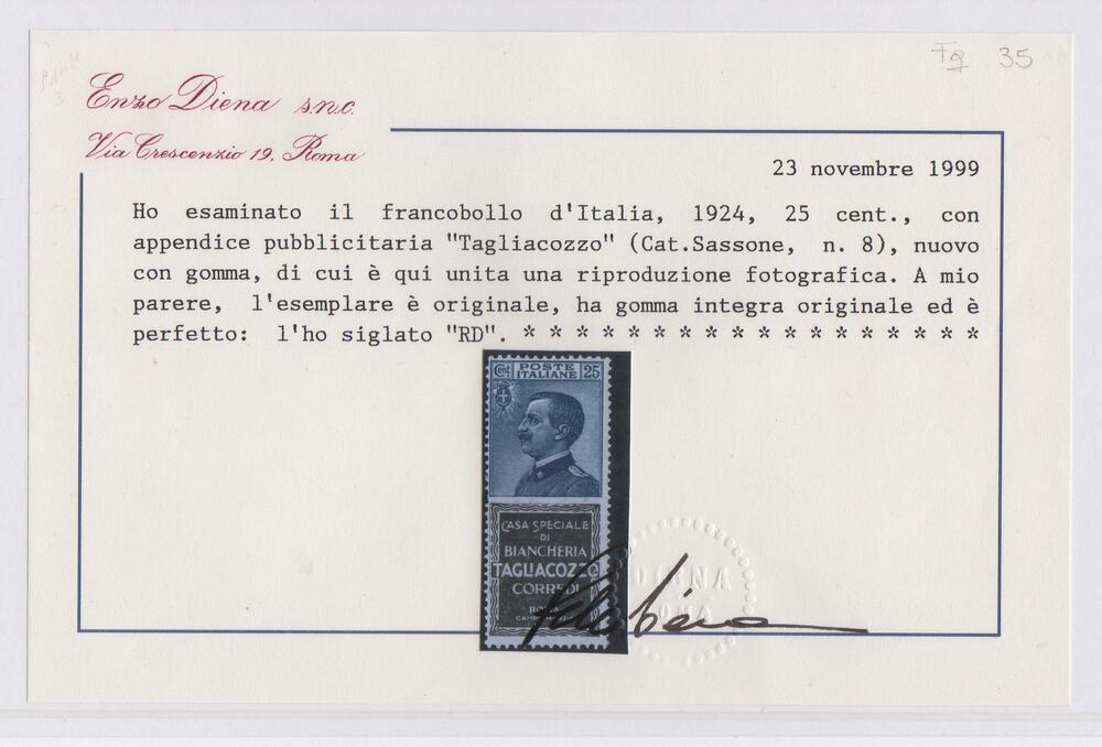 Regno 1924/25 - PUBBLICITARI - 25 cent TAGLIACOZZO, catalogo n.8, gomma integra. Perizia Diena