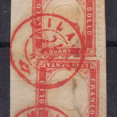 Regno 1862 Effigie di Vittorio Em II in rilievo. Catalogo Sassone n. 3+3,su frammento annullo rosso Milano.