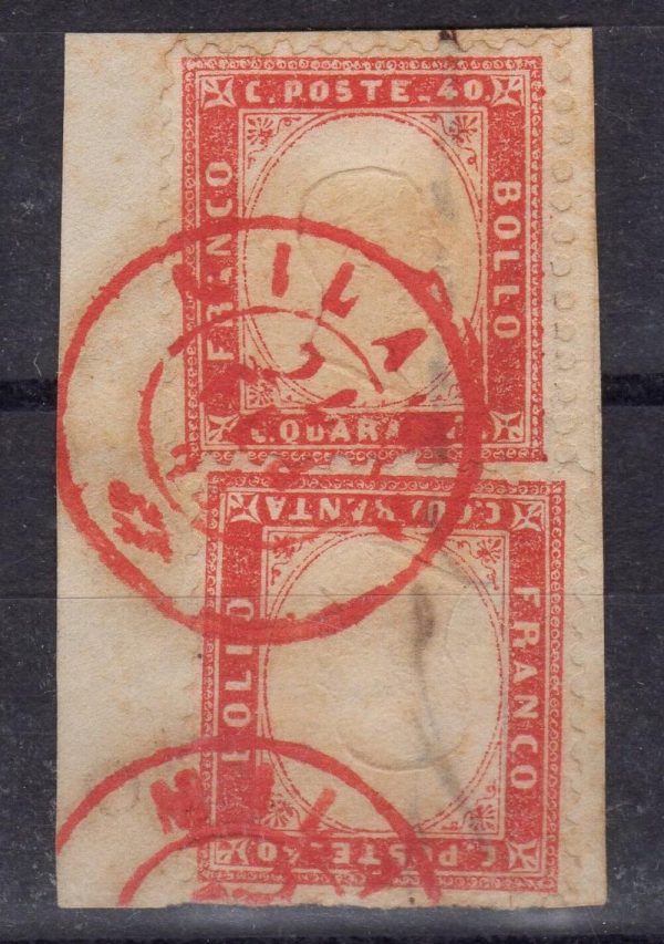 Regno 1862 Effigie di Vittorio Em II in rilievo. Catalogo Sassone n. 3+3,su frammento annullo rosso Milano.