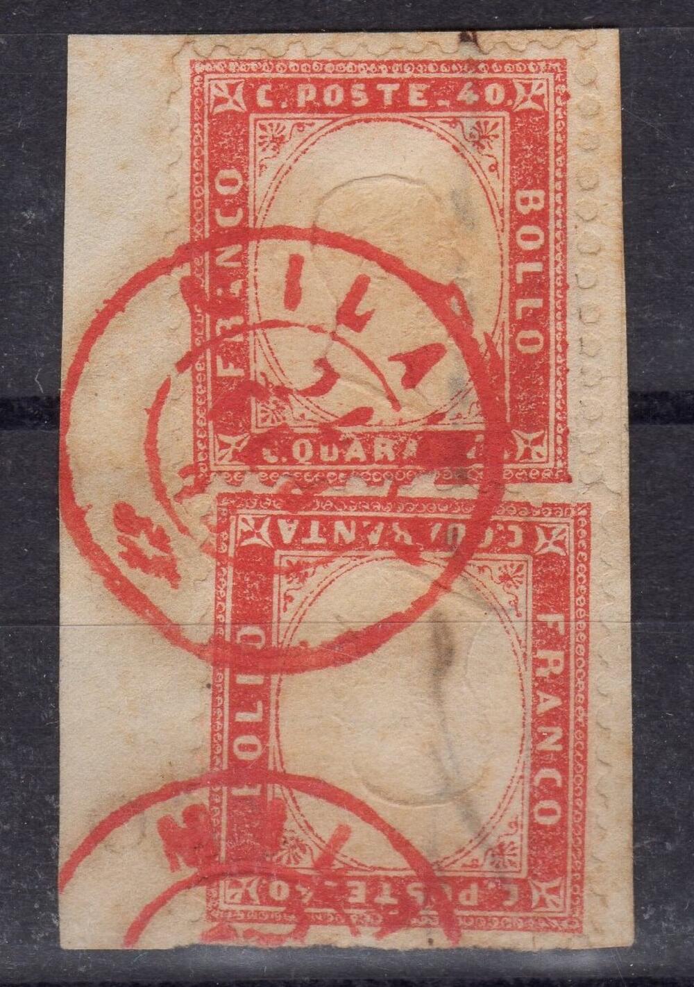 Regno 1862 Effigie di Vittorio Em II in rilievo. Catalogo Sassone n. 3+3,su frammento annullo rosso Milano.