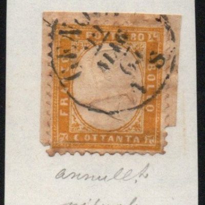 Regno 1862 -  VITTORIO EMANUELE III,Sassone 80 CENTESIMI GIALLO ARANCIO, n. 4. Annullato. Firmato.Annullo a cerchio semplice . GENOVA/22/MAG/63