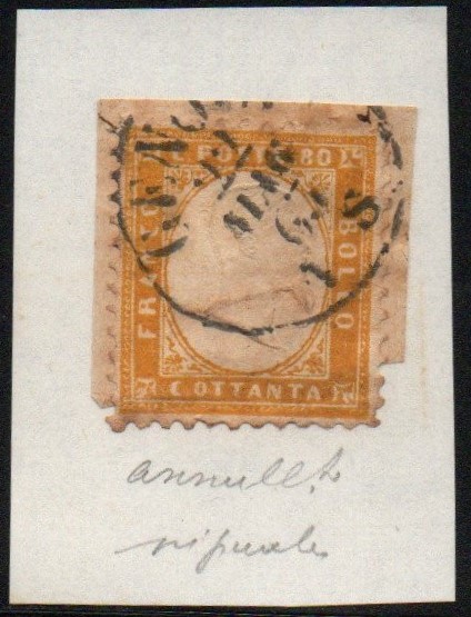Regno 1862 -  VITTORIO EMANUELE III,Sassone 80 CENTESIMI GIALLO ARANCIO, n. 4. Annullato. Firmato.Annullo a cerchio semplice . GENOVA/22/MAG/63