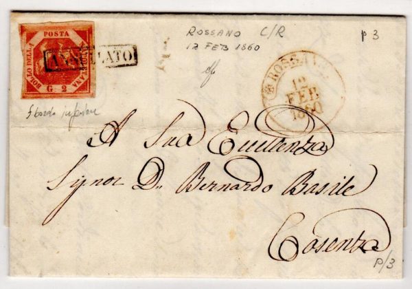 NAPOLI 1858  2 GRANA III TAVOLA filigrana traliccio su busta con testo da Rossano per Cosenza
