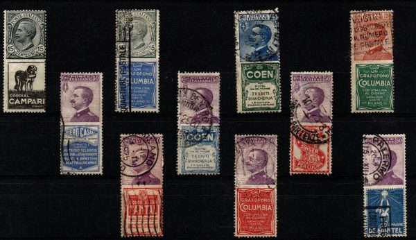 Lotticino formato da 10 valori diversi della serie 1924 PUBBLICITARI. Il val da 15 cent Cordial Campari è tl il resto tutti annullati.