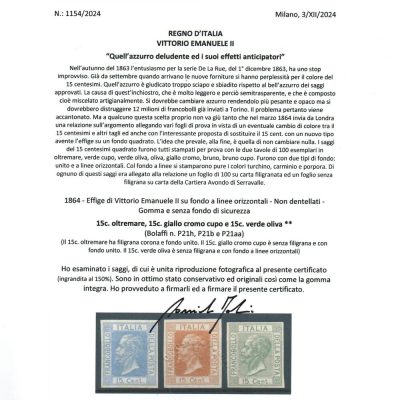 REGNO D'ITALIA - 1864 - SAGGI -  Effigie di Vittorio Emanuele  II su fondo a linee orizzontali . NON DENTELLATI .Catalogo Bolaffi n. P21h + P21b + P21aa.Certificato Fabris