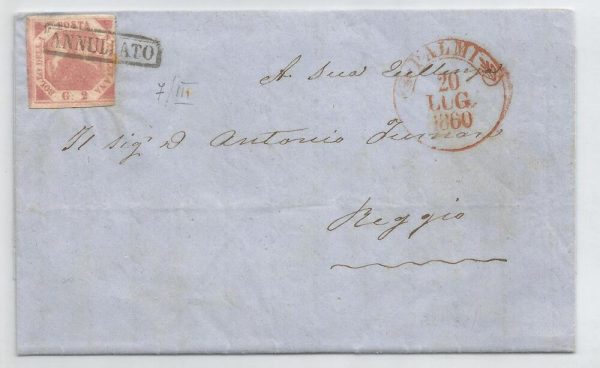 NAPOLI  1858 2 GRANA III tavola su lettera con testo da Palmi per Reggio