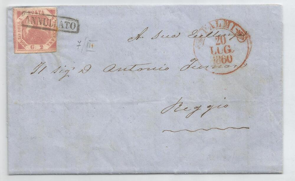 NAPOLI  1858 2 GRANA III tavola su lettera con testo da Palmi per Reggio