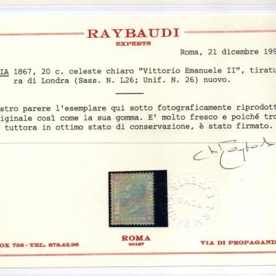 Regno 20 cent Azzurro n L 26 nuovo con traccia di linguella cert Raybaudi
