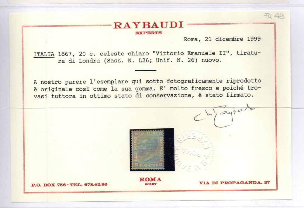 Regno 20 cent Azzurro n L 26 nuovo con traccia di linguella cert Raybaudi